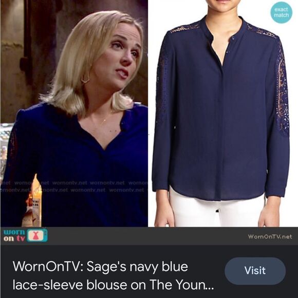 The Kooples Paris, blue button up blouse with black lace detail, extra small - Picture 3 of 12